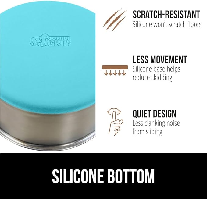 GORILLA GRIP Stainless Steel Metal Dog Bowl, Rubber Base, Heavy Duty Feeding Dish, Food Grade BPA Free, Less Sliding on Floors, Quiet Pet Bowl for Cats and Dogs, Holds 6 Cups (48 fl oz), Turquoise