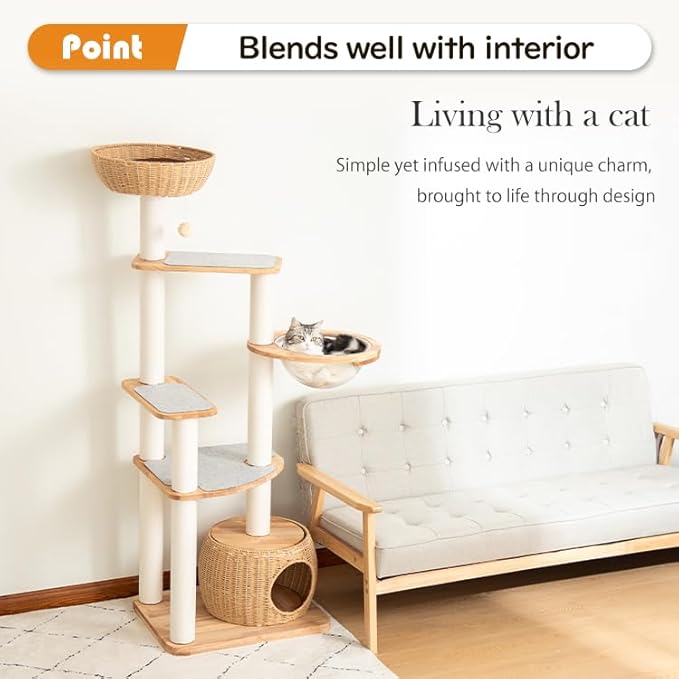 Wood Cat Tree for Large Cat, 63-Inch Tall Cat Tower with Scratching Post for Indoor Cats, Multi-Level Cat Condo with Hand-Woven Cat Bed and Acrylic Bowl Easy to Clean (White 81007s)