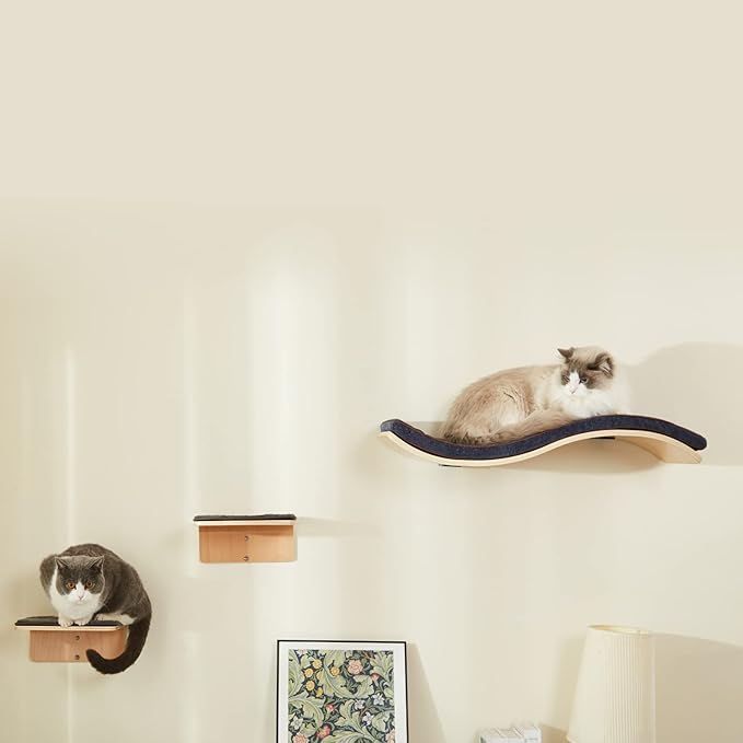 Cat Wall Shelf with Two Steps - Wave Cat Shelves and Perches for Wall - Wall Mounted Cats Furniture for Sleeping, Playing, Climbing, and Lounging