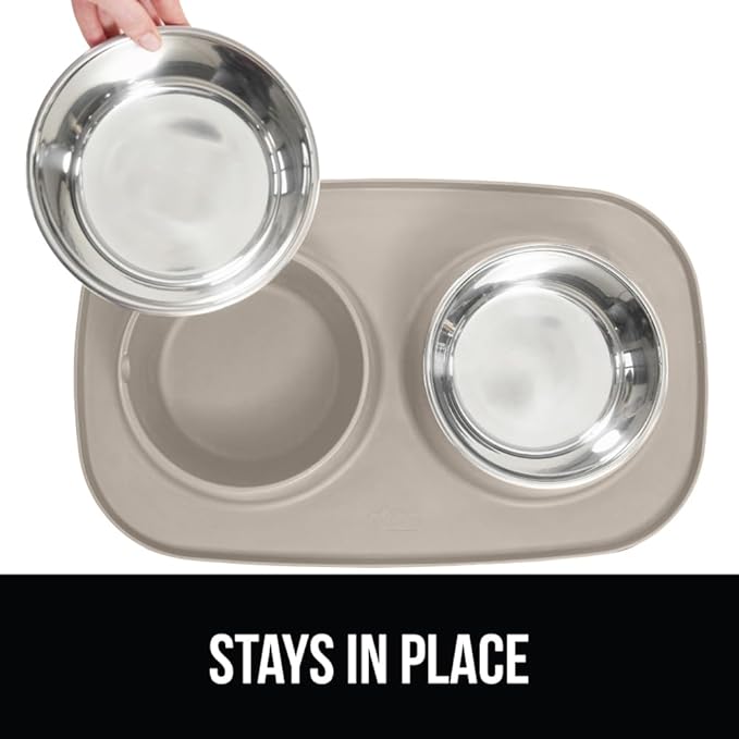 GORILLA GRIP Feeding Mat Set, Patent Pending 100% Waterproof BPA Free Silicone, Stainless Steel Cat and Dog Bowls, Slip Resistant, High Edges Catch Water Food, US Designed Pet Accessories, 1 Cup Beige