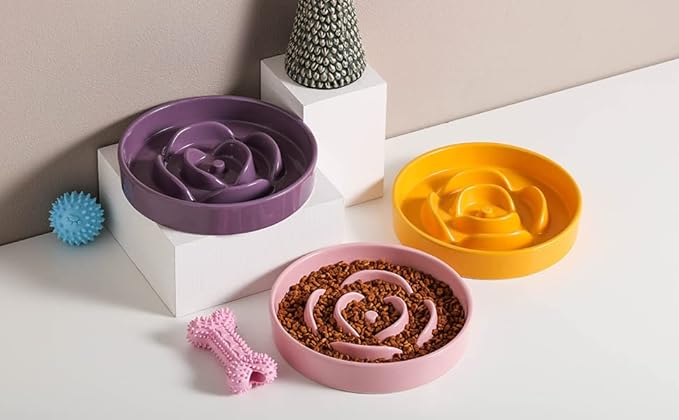 8.66 in Pink Ceramic Slow Feeder Dog Bowl for Medium and Large Breed - Heavy Weighted Puzzle Feeding Dish for Fast Eaters, Modern Maze Design