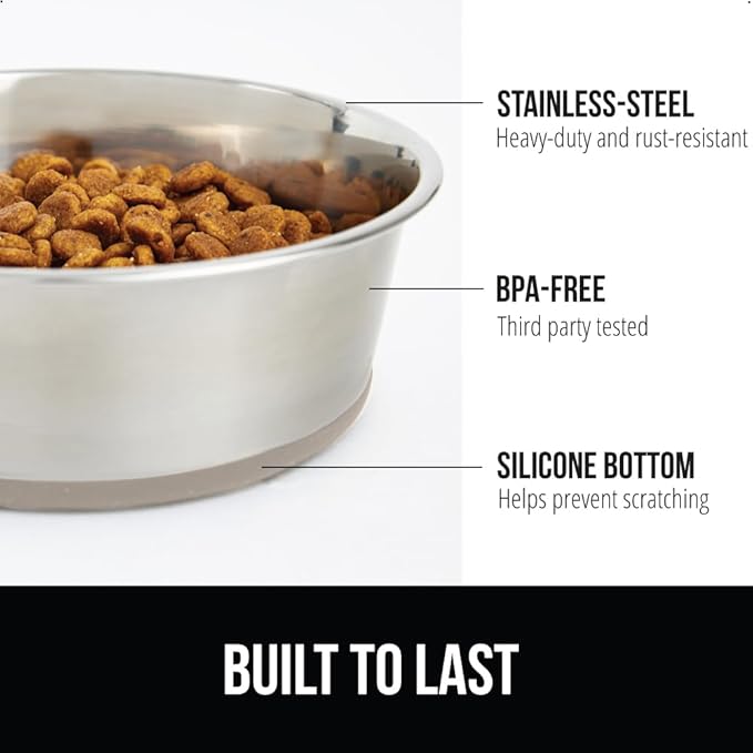 GORILLA GRIP Stainless Steel Metal Dog Bowl, Rubber Base, Heavy Duty Feeding Dish, Food Grade BPA Free, Less Sliding on Floors, Quiet Pet Bowl for Cats and Dogs, Holds 6 Cups (48 fl oz), Black