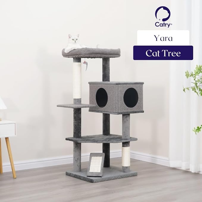Catry Minimalistic Contemporary Cat Tree 49 Inch 5 Level with Two Natural Sisal Scratching Posts and Ramp, Large, Yara