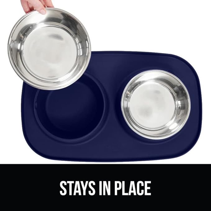 GORILLA GRIP Feeding Mat Set, 4 Cup, Patent Pending 100% Waterproof BPA Free Silicone, Stainless Steel Cat and Dog Bowls, Slip Resistant, Edges Catch Water Food, US Designed Pet Accessories, Navy Blue