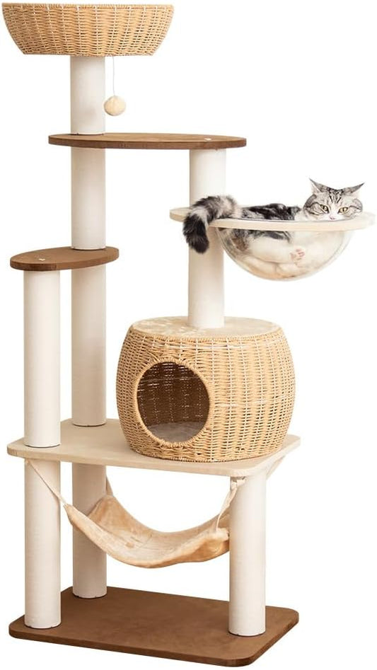 Modern Cat Tree for Large Cat, 56.7-Inch Tall Cat Tower with Scratching Post for Indoor Cats, Multi-Level Cat Condo with Hand-Woven Cat Bed and Hammock Acrylic Bowl (Particleboard 56.7in)