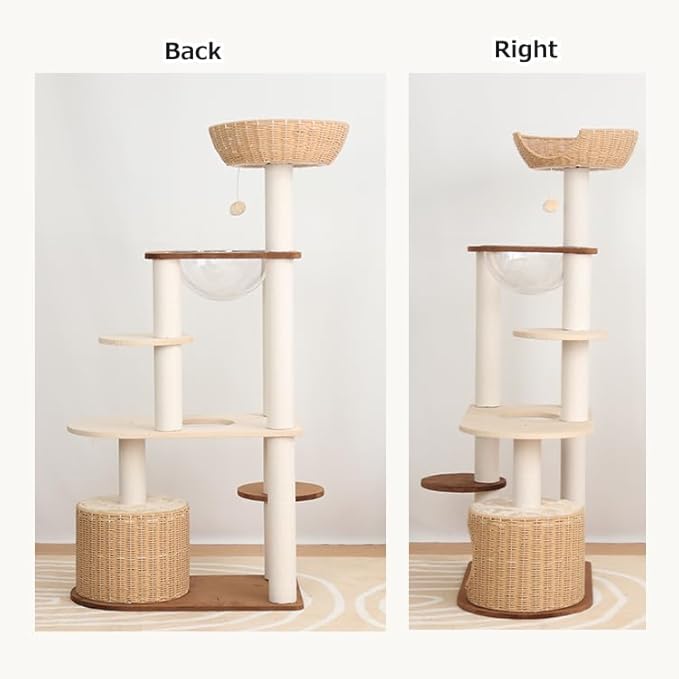 Modern Cat Tree for Large Cat, 56-Inch Tall Cat Tower with Scratching Post for Indoor Cats, Multi-Level Cat Condo with Hand-Woven Cat Bed and Acrylic Bowl Easy to Clean (Mixcolor 142cm)