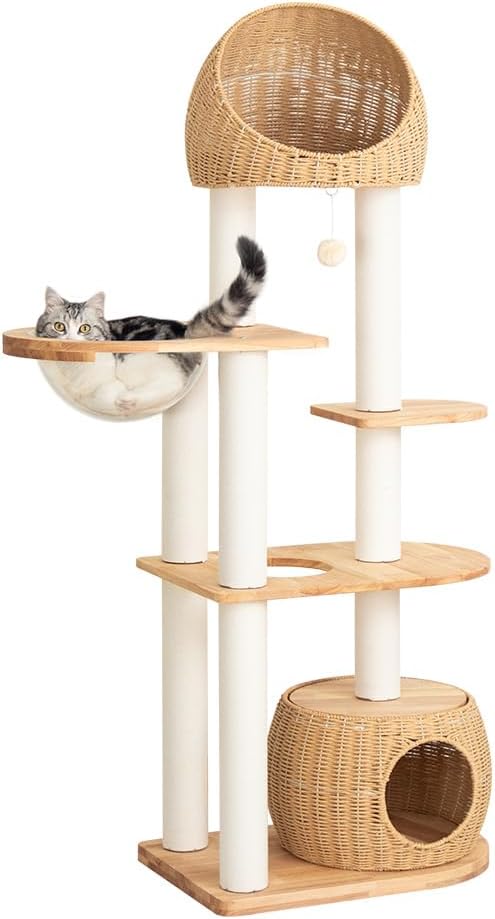 Wood Cat Tree for Large Cat, 60-Inch Tall Cat Tower with Scratching Post for Indoor Cats, Multi-Level Cat Condo with Hand-Woven Cat Bed and Acrylic Bowl Easy to Clean (Brown-81004S)