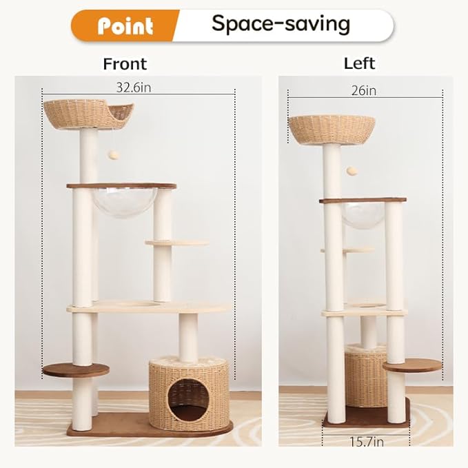 Modern Cat Tree for Large Cat, 56-Inch Tall Cat Tower with Scratching Post for Indoor Cats, Multi-Level Cat Condo with Hand-Woven Cat Bed and Acrylic Bowl Easy to Clean (Mixcolor 142cm)