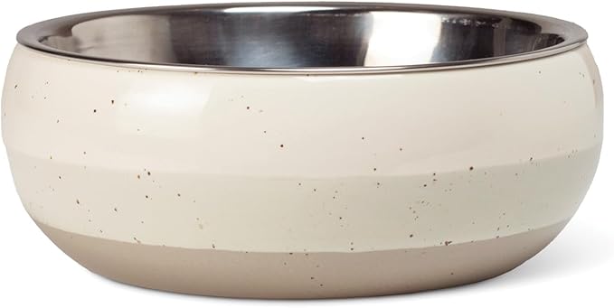 Fringe Studio Speckled Stripe Ivory Small Ceramic Pet Bowl W/Stainless Steel Bowl Insert (5" Diameter x 1.75" H, 13 fl.oz.), PetShop Collection (793SM001)