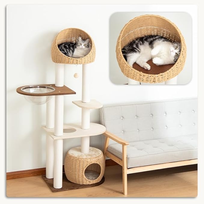 Modern Cat Tree for Large Cat, 60-Inch Tall Cat Tower with Scratching Post for Indoor Cats, Multi-Level Cat Condo with Hand-Woven Cat Bed and Acrylic Bowl (Brown-Particle Board)