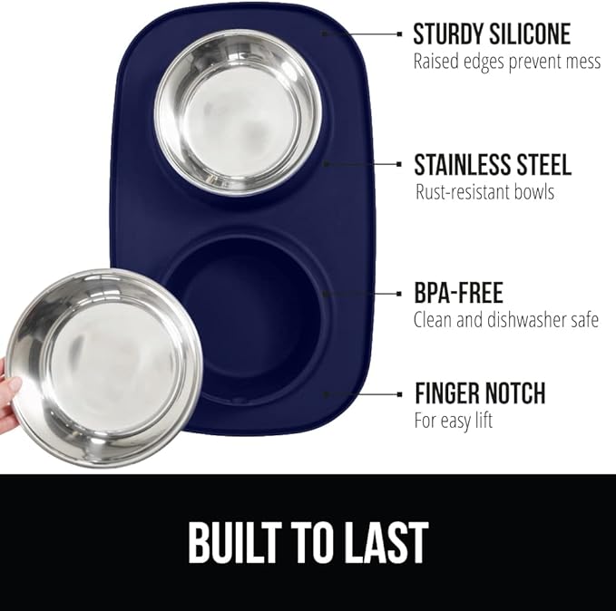 GORILLA GRIP Feeding Mat Set, 4 Cup, Patent Pending 100% Waterproof BPA Free Silicone, Stainless Steel Cat and Dog Bowls, Slip Resistant, Edges Catch Water Food, US Designed Pet Accessories, Navy Blue