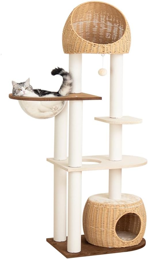 Modern Cat Tree for Large Cat, 60-Inch Tall Cat Tower with Scratching Post for Indoor Cats, Multi-Level Cat Condo with Hand-Woven Cat Bed and Acrylic Bowl (Brown-Particle Board)