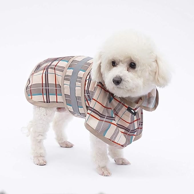 KOOLTAIL Dog Raincoat Hooded Slicker Poncho with Leash Hole, Raincoat for Medium Large Dogs, Waterproof Doggie Rain Jacket with Reflective Strip, Adjustable Breathable Plaid Puppy Rainwear-Beige L