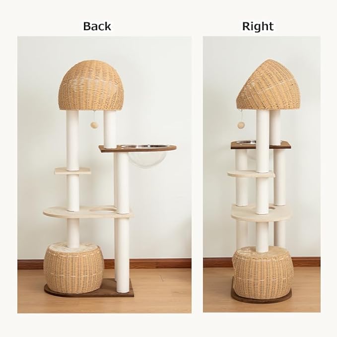 Modern Cat Tree for Large Cat, 60-Inch Tall Cat Tower with Scratching Post for Indoor Cats, Multi-Level Cat Condo with Hand-Woven Cat Bed and Acrylic Bowl (Brown-Particle Board)