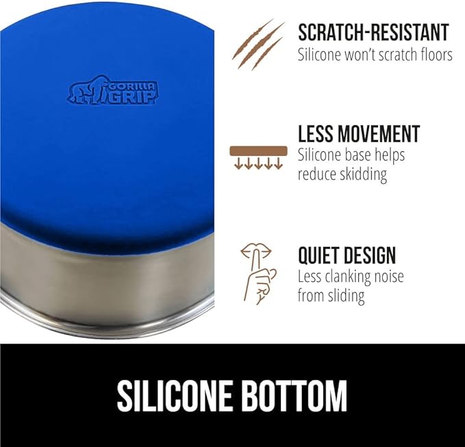 GORILLA GRIP Set of 2 Dog Bowls, Holds 8 Cups (64 fl oz), Heavy Duty Metal Food and Water Bowl for Feeding Dogs and Cats, Dishwasher Safe, Rust Resistant Stainless Steel, BPA Free Rubber Base, Blue