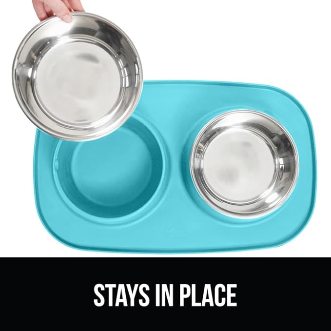GORILLA GRIP Feeding Mat Set, Patent Pending 100% Waterproof BPA Free Silicone, Stainless Steel Cat and Dog Bowls, Slip Resistant, Edges Catch Water, Food, US Designed Pet Accessories, 2 Cup Turquoise