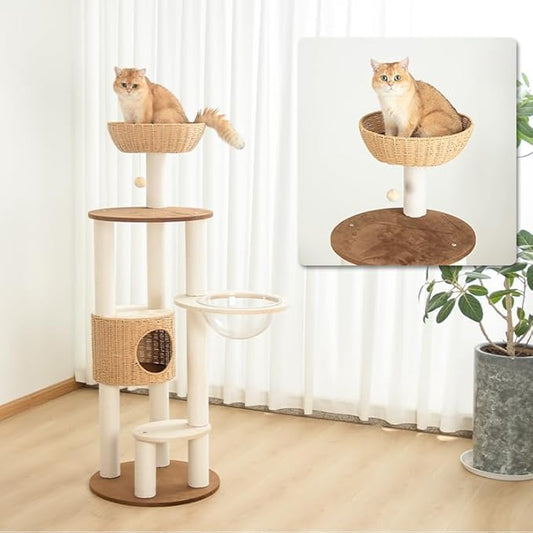 Modern Cat Tree for Large Cat, 57-Inch Tall Cat Tower with Scratching Post for Indoor Cats, Multi-Level Cat Condo with Hand-Woven Cat Bed and Acrylic Bowl Easy to Clean (Y909)
