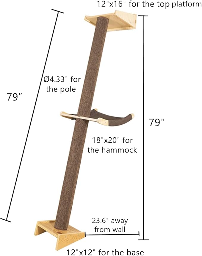 Modern 78.7“ Tall Leaning Wall Carpet Cat Tree Tower Scratching Post Pillar with Cat Bed Hammock Perch, Climbing Pole for Wall and Window(Carpet Cover)