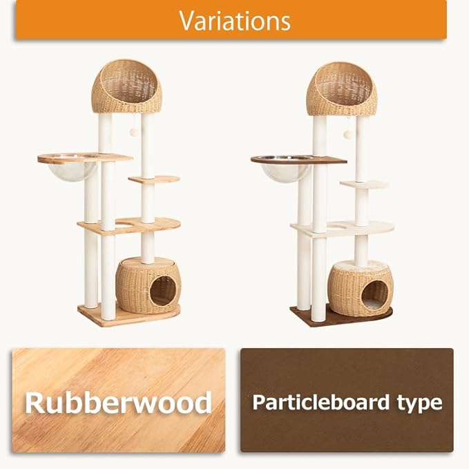 Modern Cat Tree for Large Cat, 60-Inch Tall Cat Tower with Scratching Post for Indoor Cats, Multi-Level Cat Condo with Hand-Woven Cat Bed and Acrylic Bowl (Brown-Particle Board)