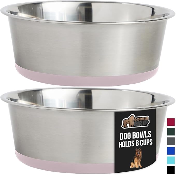 GORILLA GRIP Set of 2 Dog Bowls, Holds 8 Cups (64 fl oz), Heavy Duty Metal Food and Water Bowl for Feeding Dogs and Cats, Dishwasher Safe, Rust Resistant Stainless Steel, BPA Free Rubber Base, Lt Pink