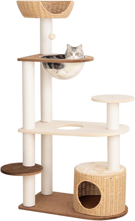 Modern Cat Tree for Large Cat, 53-Inch Tall Cat Tower with Scratching Post for Indoor Cats, Multi-Level Cat Condo with Hand-Woven Cat Bed and Acrylic Bowl Easy to Clean (Mixcolor 132cm)