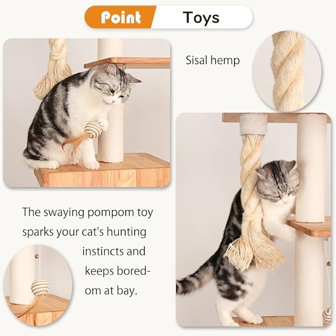 Wood Cat Tree for Large Cats, 62-Inch Tall Modern Cat Tower with Condo & Scratching Posts - Easy to Clean, Heavy-Duty, Furniture-Grade Design for Stable Climbing, Eco-Friendly (White 62'')