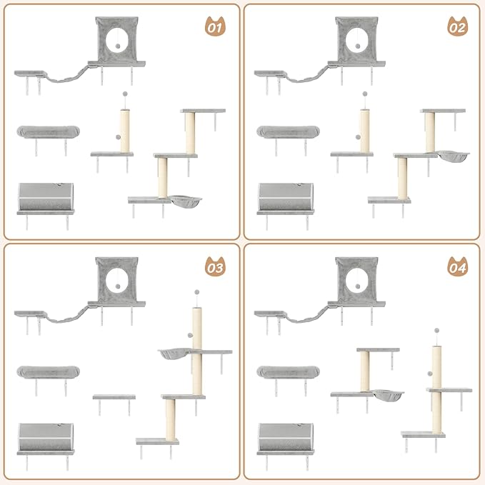 NUNU LAB 14-in-1 Cat Wall Shelves Set, Wall-Mounted Cat Climber with Bridge, Tunnel, House, Scratcher, Steps, Indoor Space-Saving Furniture for Kittens Play, Gray