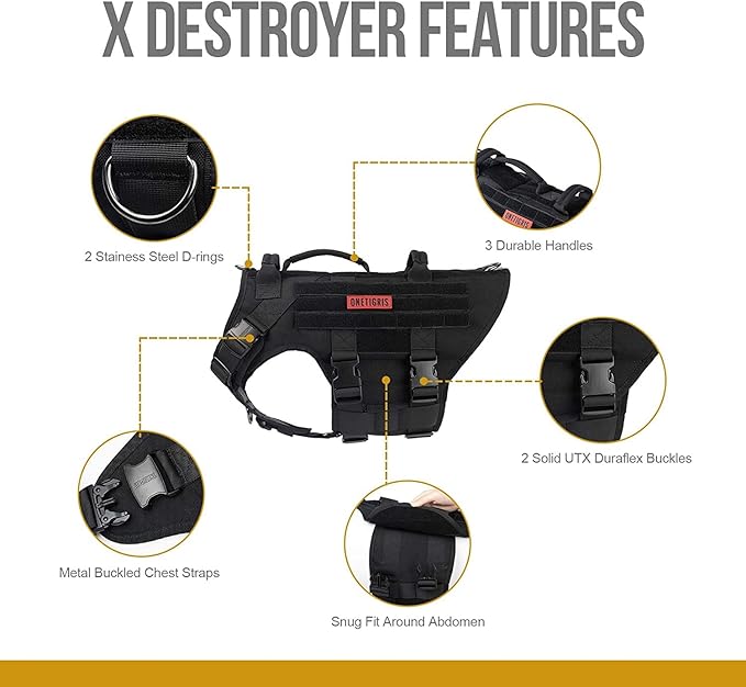 OneTigris Large Tactical Dog Harness, No Pulling Adjustable Dog Vest Harness, Heavy Duty Dog Harness with Handle, Large Hook and Loop Panels for Patch Black