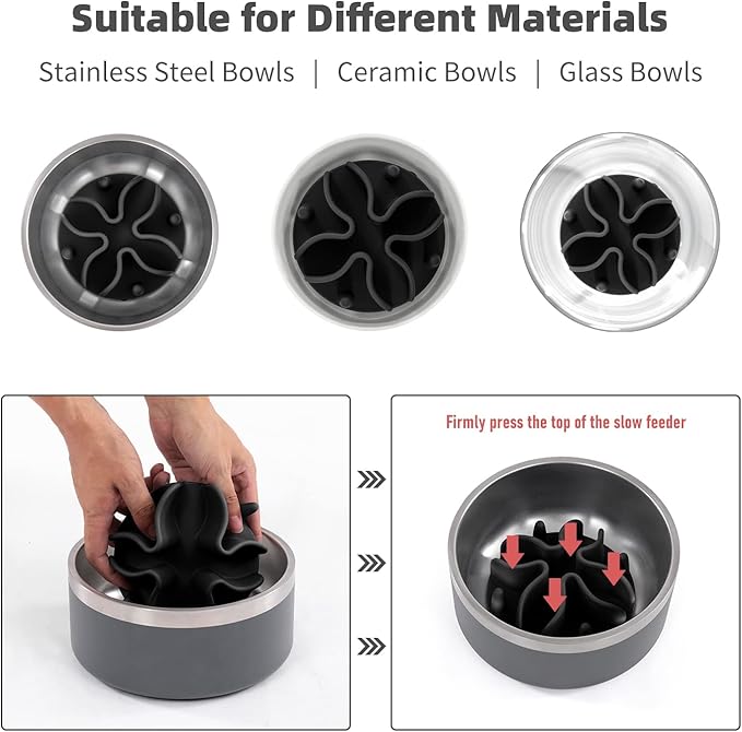 Jaoul Slow Feeder Dog Bowls Insert, Puzzle Slow Feeder Insert with 30 Octopus Suction Cups for Small Medium Large Size Dog Food Bowl (4.72 inch, Black)