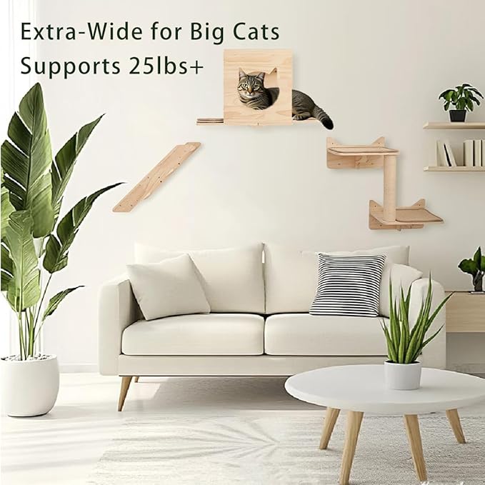 A Cat Wall Shelves Set – 5PCS Extra-Large Mounted Cat Furniture with 2 Wide Platforms, Sisal Scratch Post, Solid Wood Climbing System for Large Indoor Cats