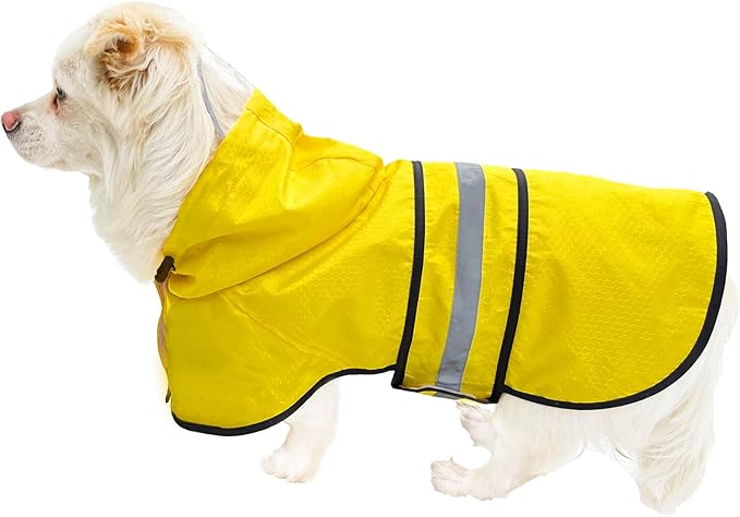 Dog Raincoat Waterproof Reflective Slicker - Lightweight Breathable Hooded Poncho Rain Coat Jacket with Adjustable Belly Strap and Leash Hole for Small Medium Large Dogs (Small, Yellow)