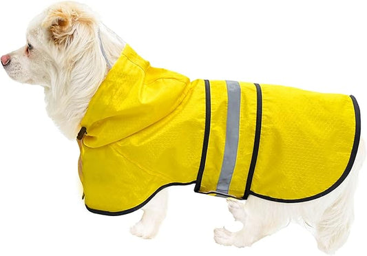 Dog Raincoat Waterproof Reflective Slicker - Lightweight Breathable Hooded Poncho Rain Coat Jacket with Adjustable Belly Strap and Leash Hole for Small Medium Large Dogs (Small, Yellow)