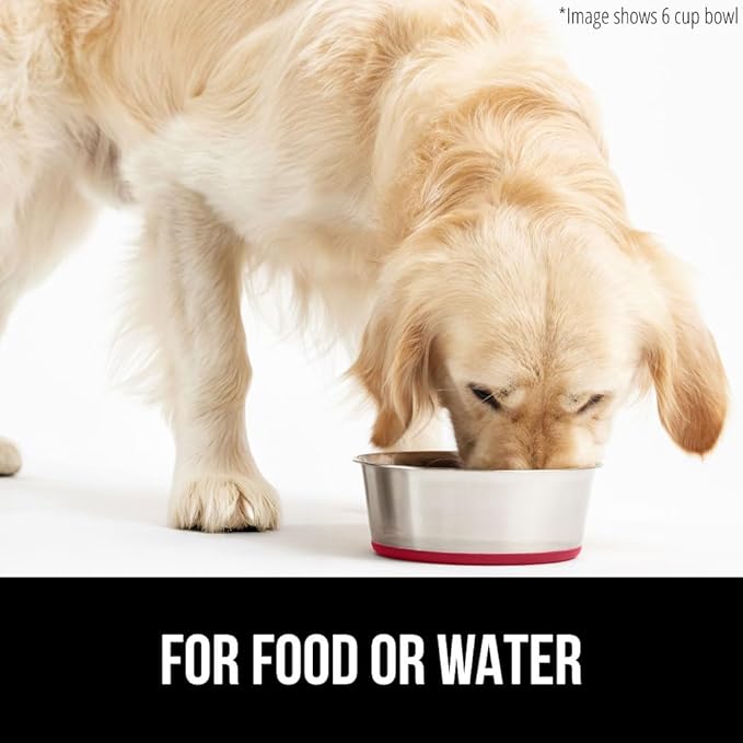 GORILLA GRIP Stainless Steel Metal Dog Bowl, Rubber Base, Heavy Duty Feeding Dish, Food Grade BPA Free, Less Sliding on Floors, Quiet Pet Bowl for Cats and Dogs, Holds 4 Cups (32 fl oz), Red