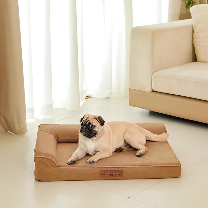 Orthopedic Dog Bed Medium Size Dog, Memory Foam Pet Bed for Small and Medium Dogs, Removable and Washable Microsuede Cover, TPU Waterproof Liner, Nonskid Bottom, 30x20x6 Inches, Khaki