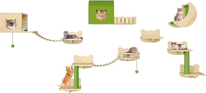 DWVO Cat Wall Shelves and Perches for Wall, Solid Wood Wall Mounted Cat Furniture, Set of 14 Cats Climbing Shelves for Large Cats with Green Wall House & Fence, Steps, Bridge Ladder, Scratching Posts