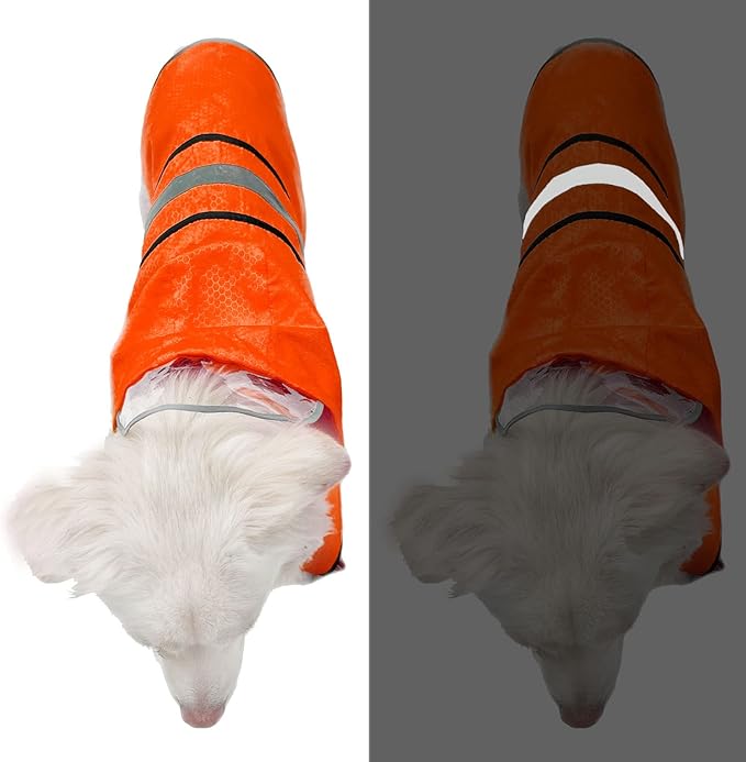 Dog Raincoat Waterproof Reflective Slicker - Lightweight Breathable Hooded Poncho Rain Coat Jacket with Adjustable Belly Strap and Leash Hole for Small Medium Large Dogs (Small, Orange)