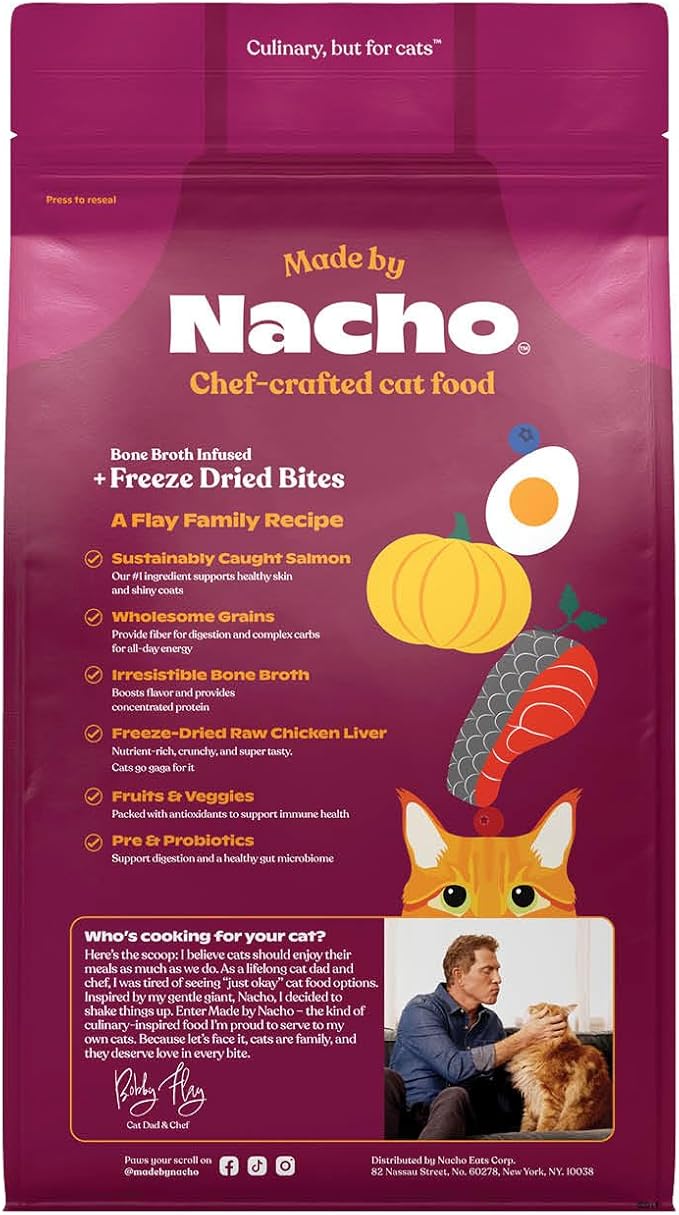 Made by Nacho Dry Cat Kibble 4lb Bag, High Protein Premium Cat Food with Freeze Dried Pieces, Sustainably-Caught Salmon, Whitefish & Pumpkin, Limited Ingredients, Single Bag