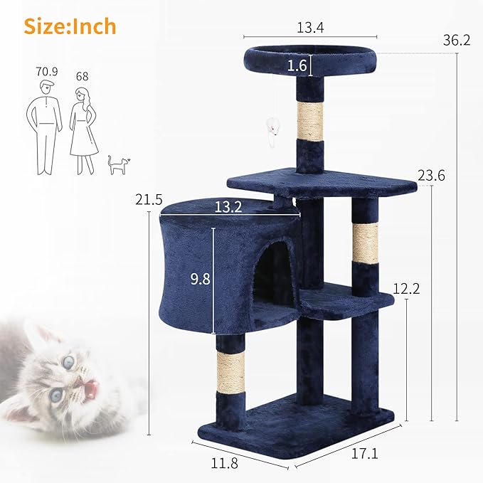 BestPet Cat Tree 36 inch Tall Scratching Toy Activity Centre Cat Tower Cat Condo Multi-Level Furniture Scratching Posts for Indoor Cats,Navy Blue