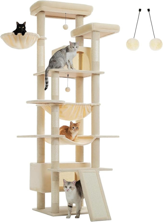 81 Inches Tall Cat Tree for Indoor Cats Large Adult - Multi-Level Cat Tower with Large Metal Frame Hammock, 2-in-1 Scratching Ramp, 2 Top Perches, 2 Cozy Condos & 6 Scratching Posts - Beige
