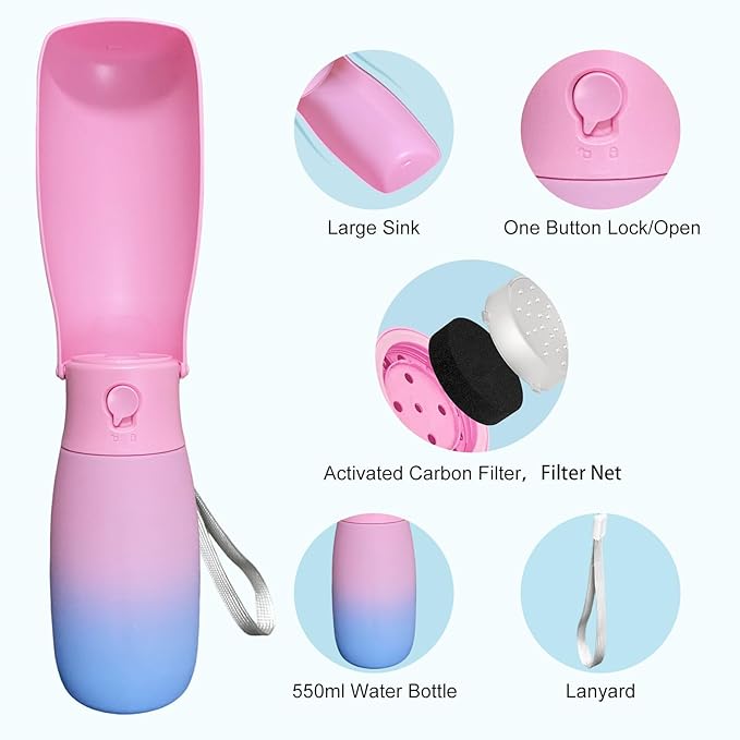 Dog Water Bottle Portable 19Oz, Food Grade Material Portable Dog Water Bowl Dispenser for Small Medium Large Dogs, Pet Essentials for Outdoor Walking Traveling, Dog Gifts (Pink&Blue)