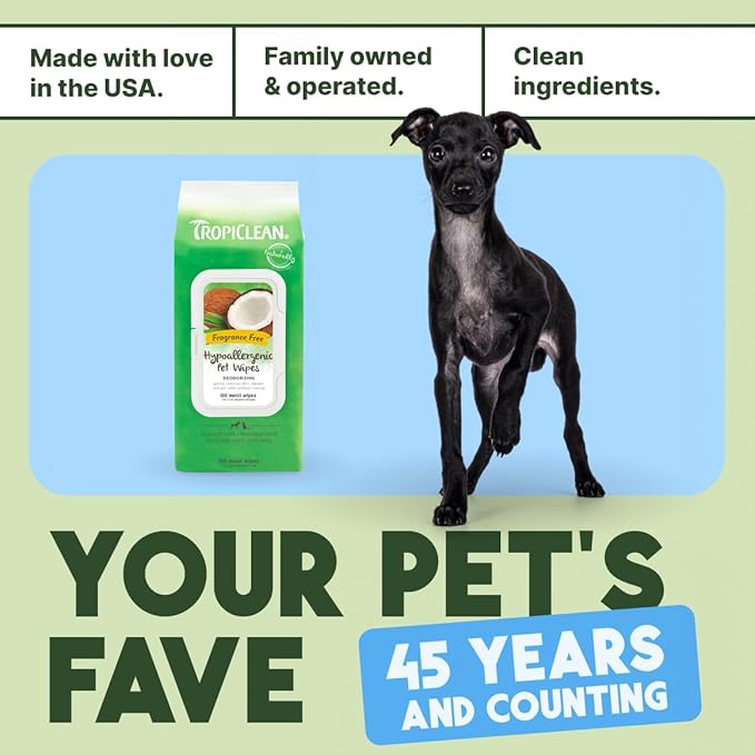 TropiClean Hypoallergenic Dog Wipes for Paws and Bottom | Fragrance Free Dog Grooming Wipes | Safe for The Face | Puppy & Cat Friendly | 400 Count