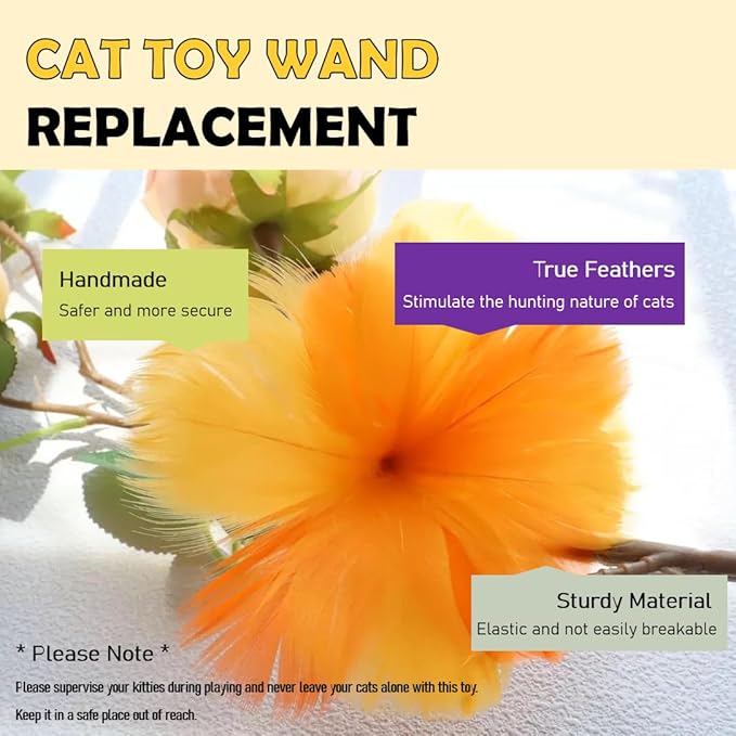Cat Feather Toys Replacement - 2 Pcs Handmade Natural Flowers - Cat Toy Wand Refills - Interactive Kitten Teaser Wand Attachments - Cat Toys for Indoor Cats Play