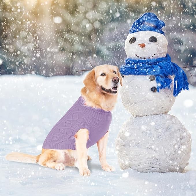 BINGPET Thermal Knitted Dog Sweater, Winter Dog Cat Coat, Warm Sweater for Small Medium Large Dogs, Classic Cable Knit Turtleneck Pullover, Purple, Medium/Large
