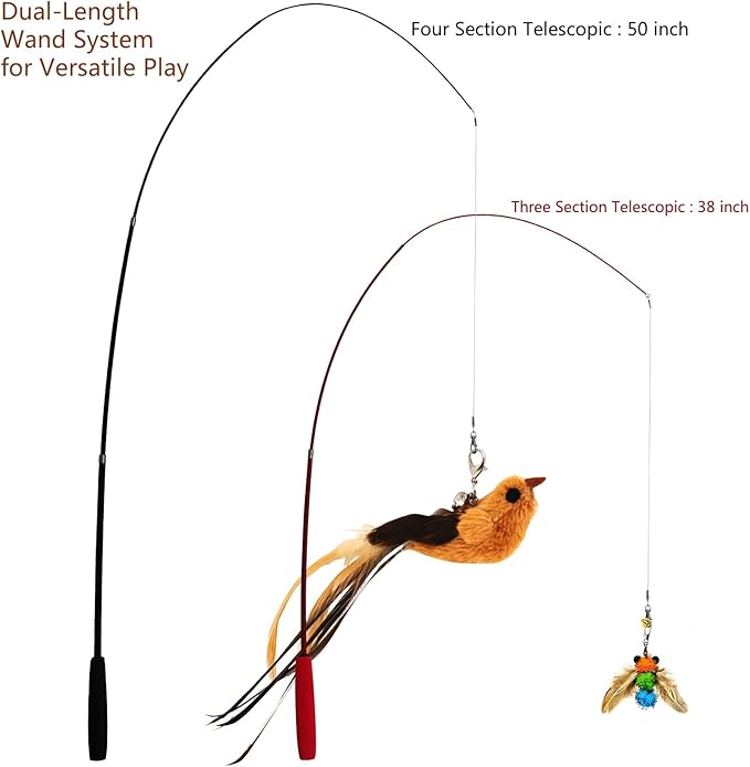 Interactive Cat Wand Toy Set β 2 Retractable Wands (38" & 50") with 11 Refills Attachments β Feather Toys, Plush Bird, Worms, Insect & Swallow β Cat Teaser Toys for Indoor Cats & Kittens