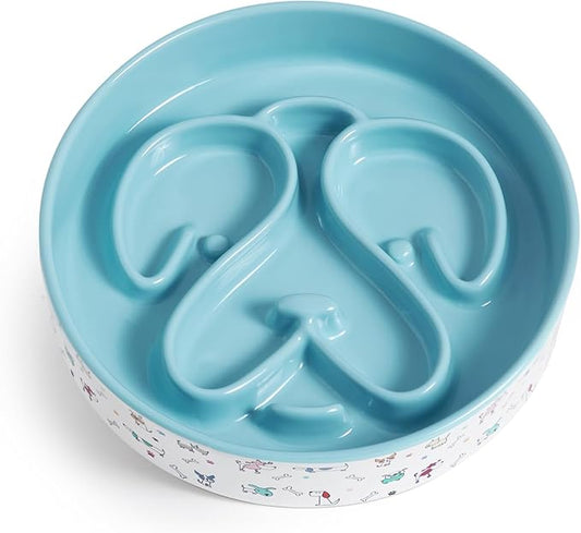 Slow Feeder Dog Bowl, Ceramic Dog Bowls 1.5 Cups Interactive Puzzle Feeder for Fast Eaters, Prevent Bloat & Choking, for Small Medium Large Dogs, Blue