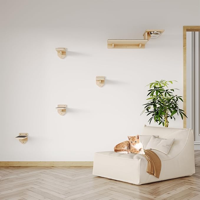 MeowHomm Cat Wall Shelves, Wood Cat Feeding Shelf with 4 Non-Slip Steps, 2 Food Bowls, Wall-Mounted Furniture for Kittens