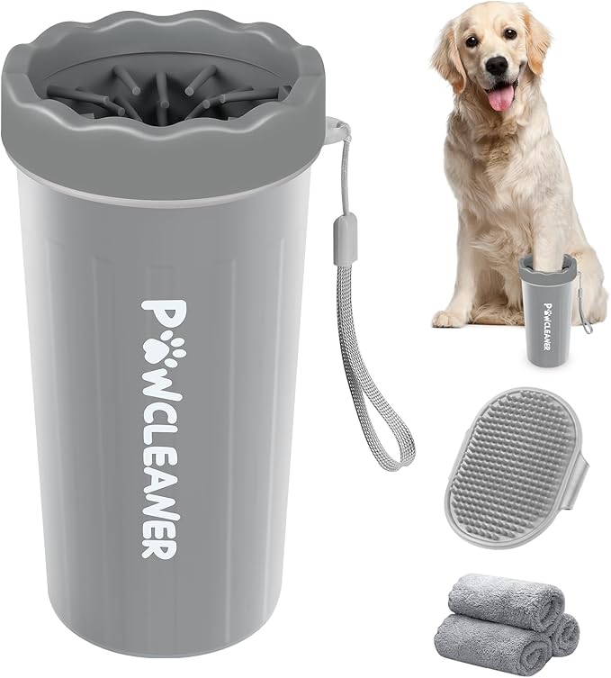 Comotech Dog Paw Washer with Bath Brush - Large, Grey (with 3 Absorbent Towels, Adjustable Handle for Long & Short Haired Dogs)