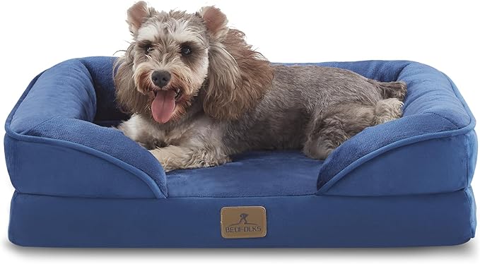 Bedfolks Orthopedic Dog Bed, Waterproof Dog Sofa Bed for Small Dogs & Cats, Egg Foam Pet Couch Bed with Removable Washable Cover and Nonslip Bottom, Navy Blue