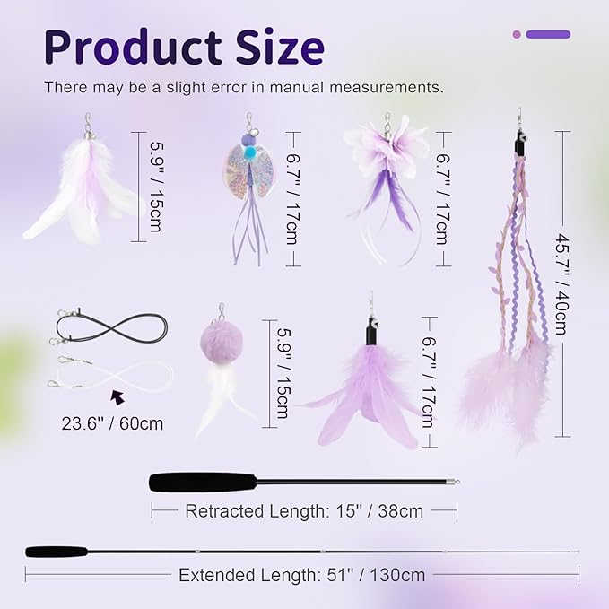 SONGWAY Cat Wand Toys for Indoor Cats - Cat Toy Set with Retractable Teaser Wand and 6 PCS Fairy Feather Toy Refills, Dragonfly Tassel Plush Cat Toys Interactive, Purple