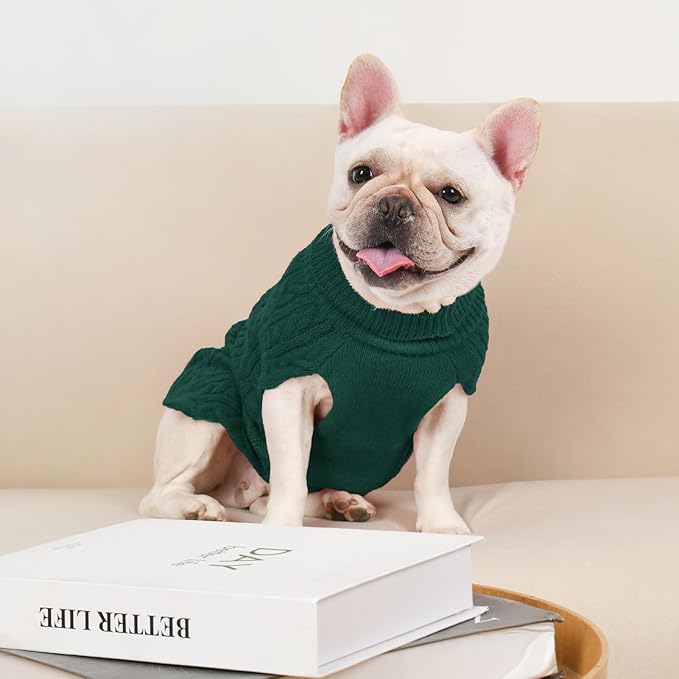2 Pack Dog Sweaters for Medium Dogs Turtleneck Pullover Cable Knit Stretch Clothes French Bulldog Dachshund Boston Terrier Corgi Beagle Pug Boy Girl Pets Winter Clothes (L, Green & Brown)